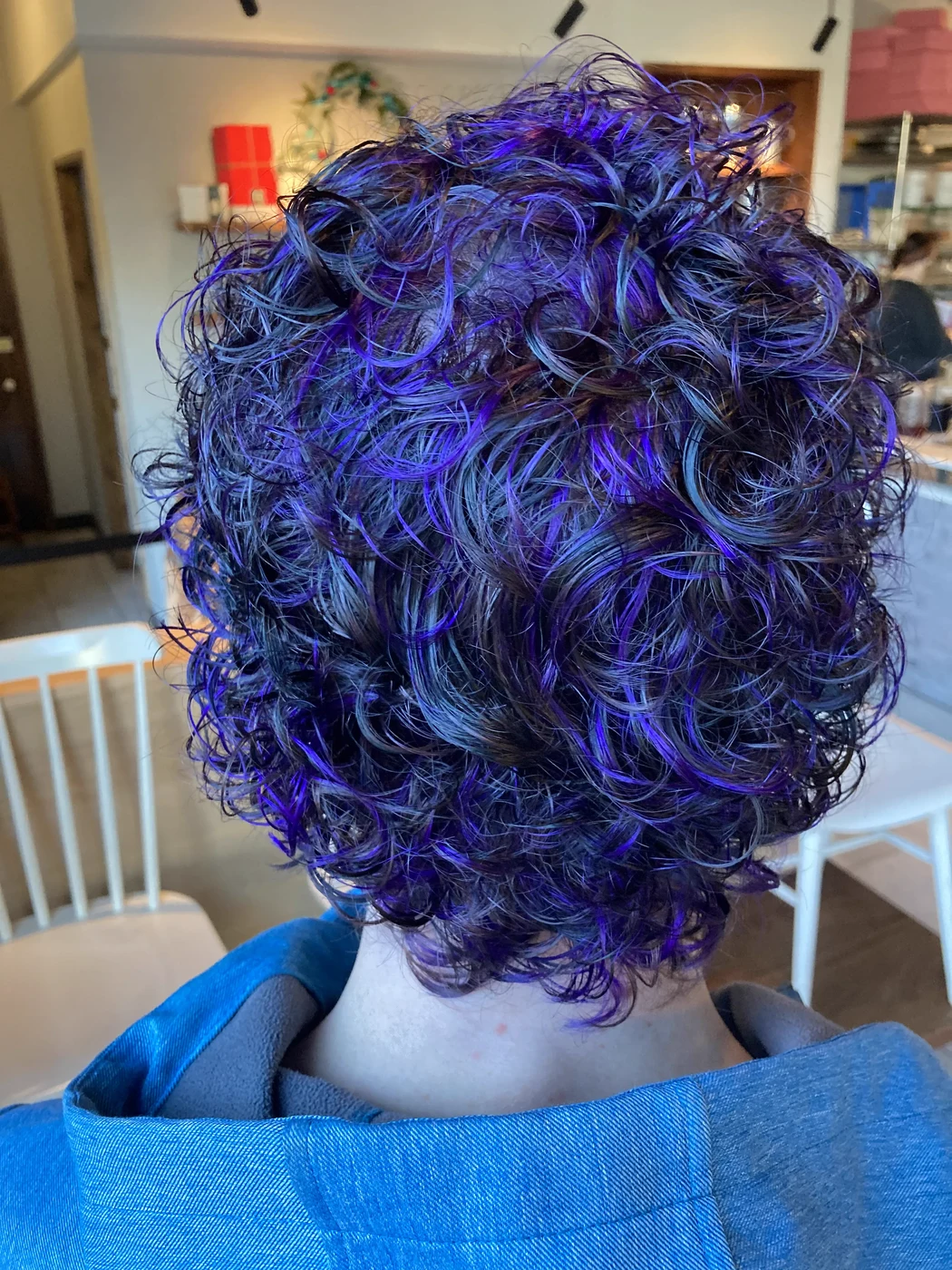 Blue purple vivid color on curly hair, The Gilded Edge Seattle