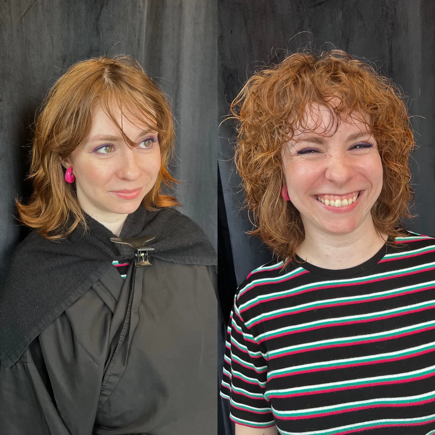 Curly bob haircut transformation before and after at The Gilded Edge, West Seattle salon