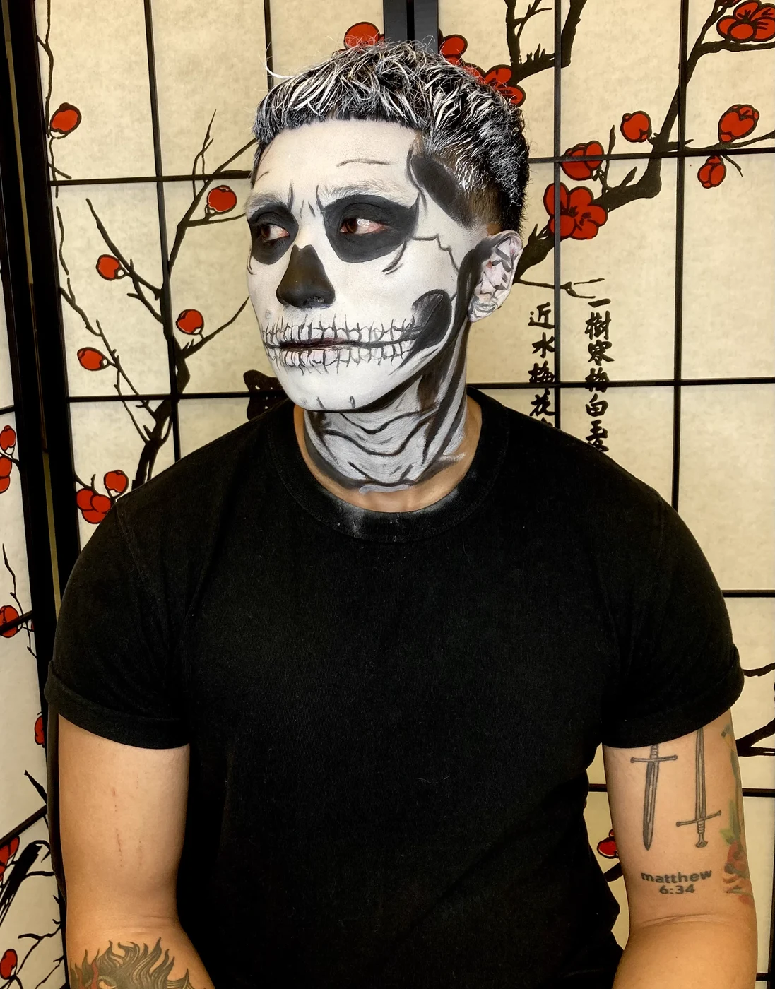 Artistic skull face paint by Kara Cerf, licensed makeup artist West Seattle