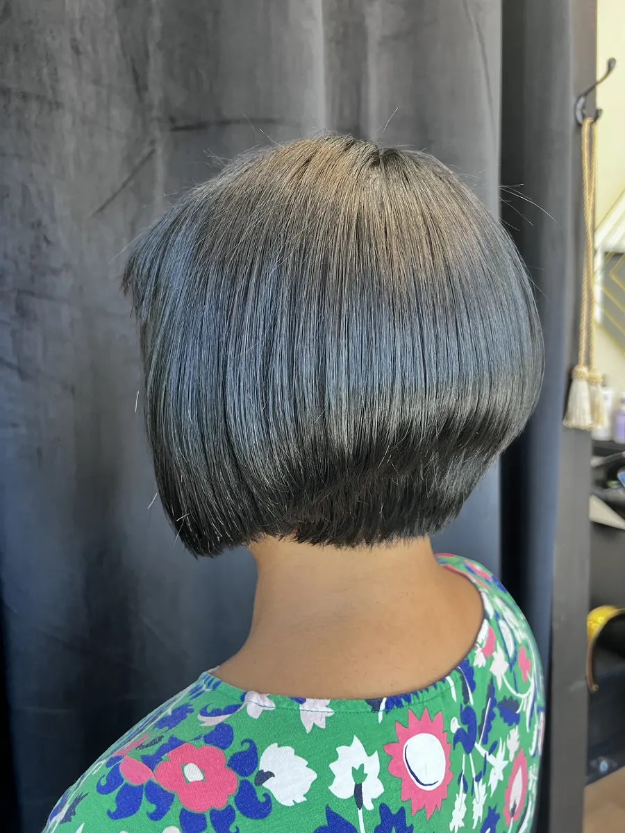 Sleek grey bob haircut at The Gilded Edge, West Seattle salon