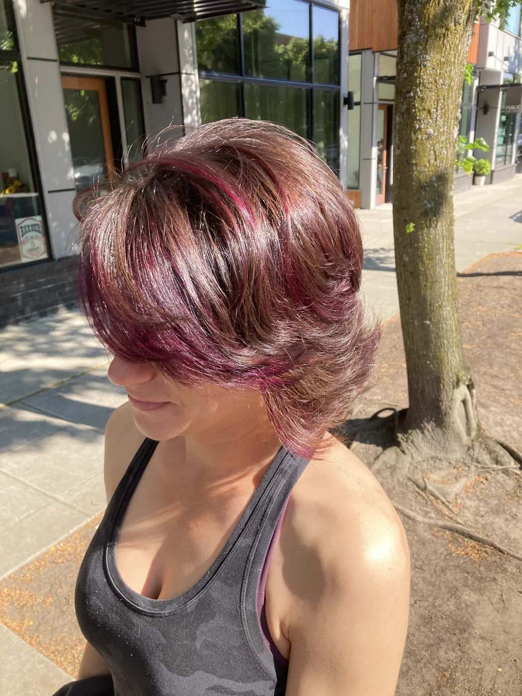 Vivid pink short haircut and color, West Seattle hair studio